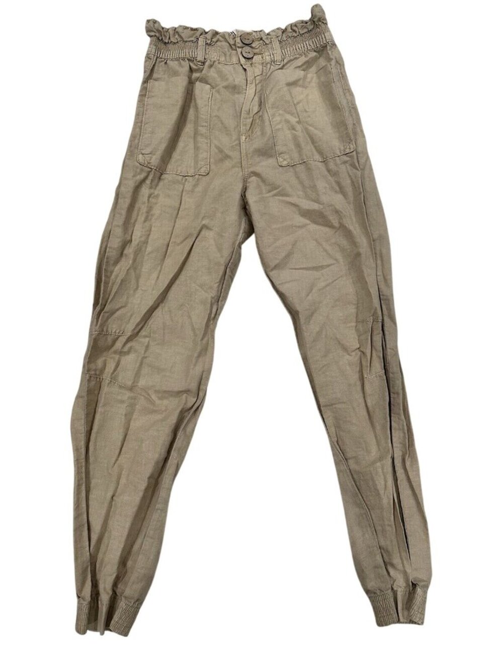 Zara Beige Paperbag Waist Trousers W/Elastic Cuffs & Dual Button Closure Size 0